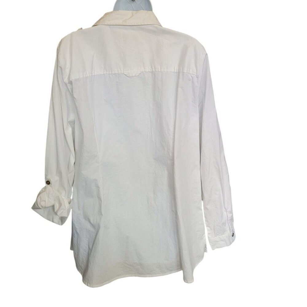 DENIM & CO Shirt Top Womens L White Long Roll Tab Button Front Collared Epaulet - Picture 5 of 9